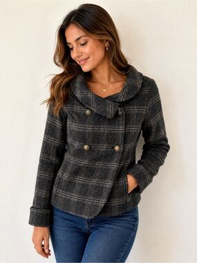 Guess Women’s L Gray Plaid Double Breasted Jacket Gold Buttons Wool Blend Y2K